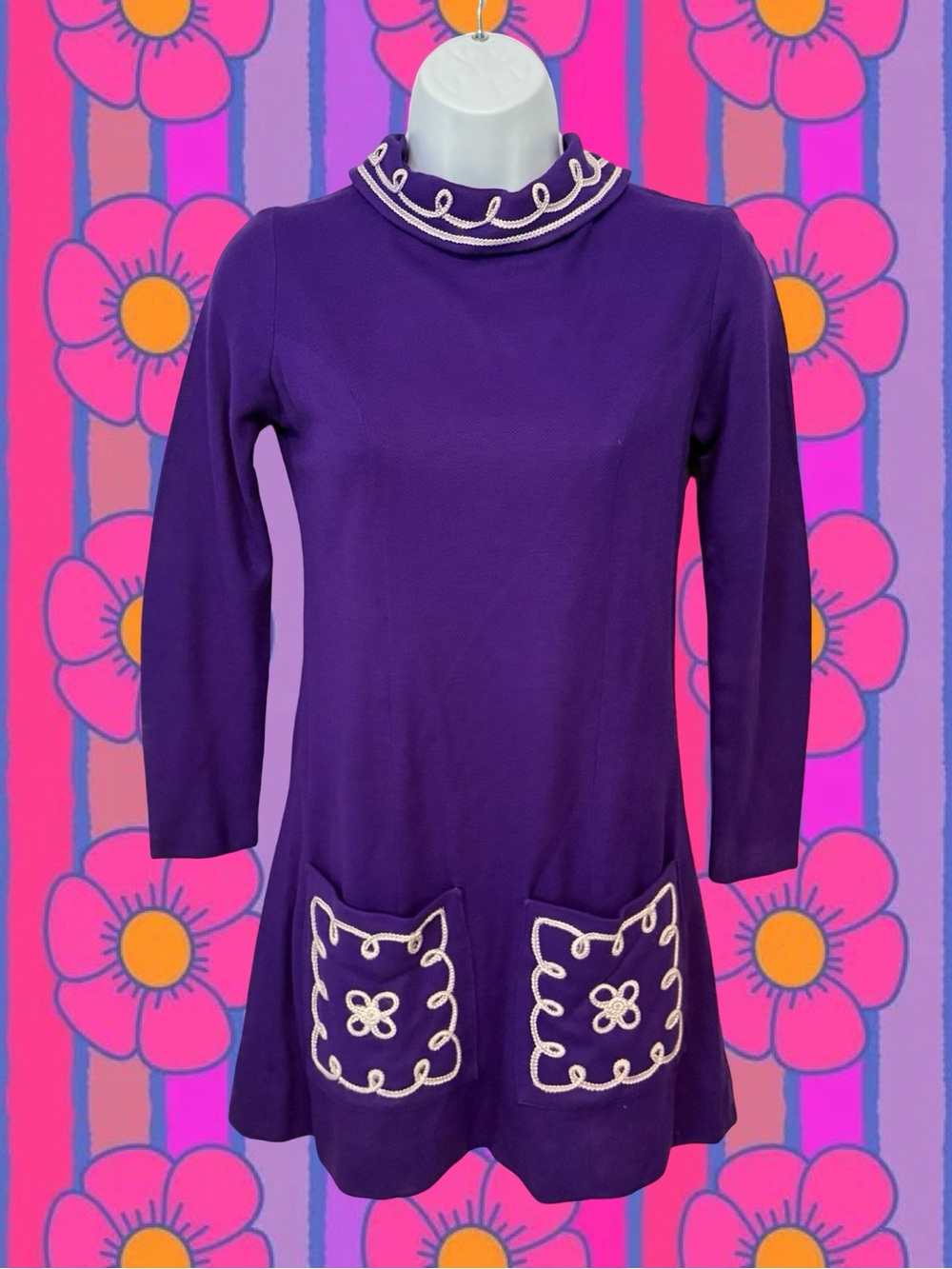 Vintage Purple Micro Mini Dress with White Trim